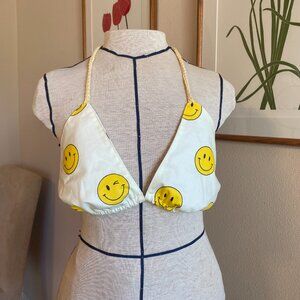 Handmade fabric & crochet bikini top adjustable festival top smiley face